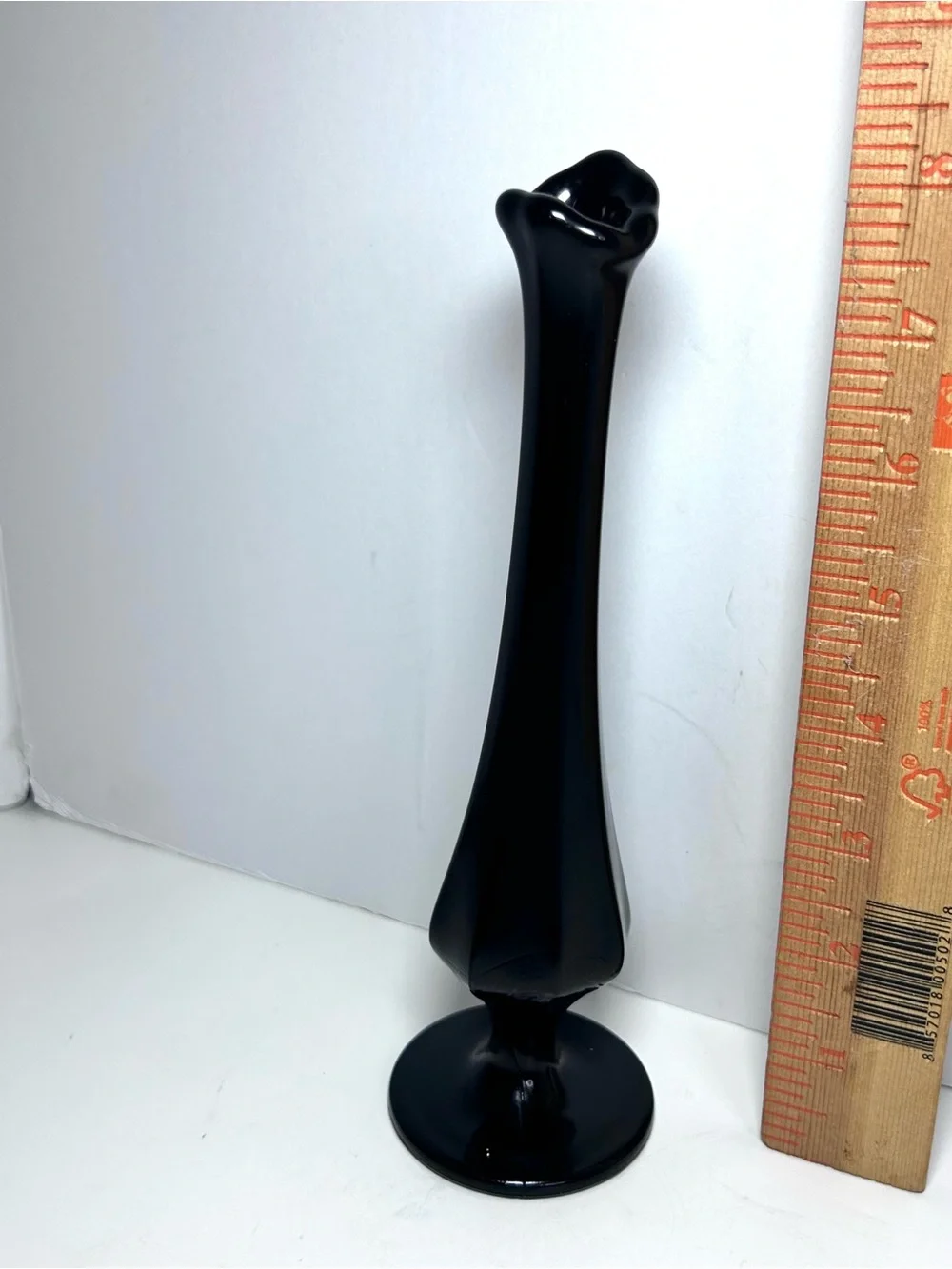 Fenton Black Glass Swung Bud Vase 8” MCM
